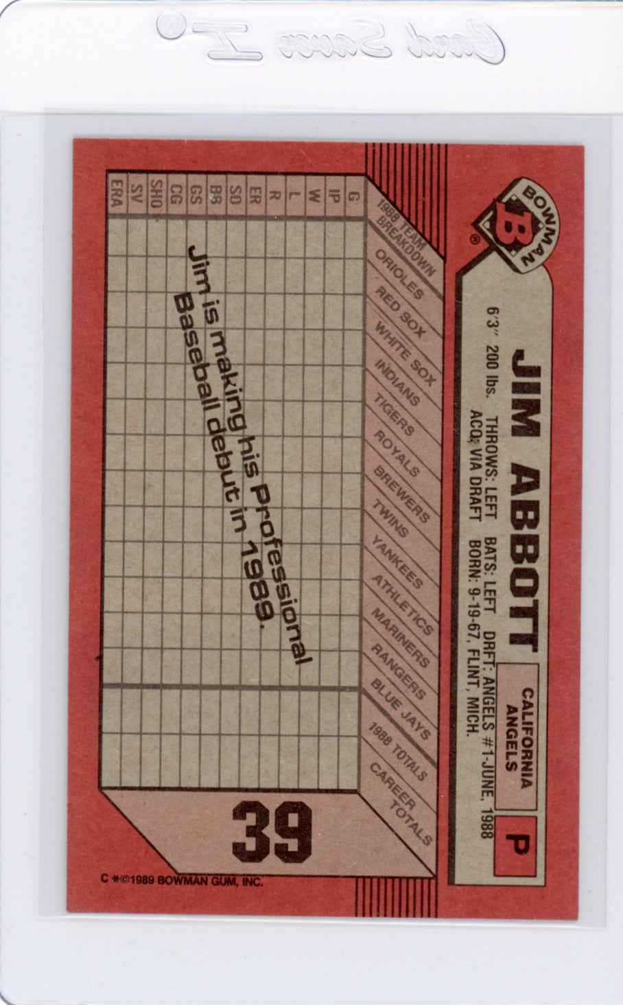 1989 Bowman #39 Jim Abbott Rookie (RC) Card