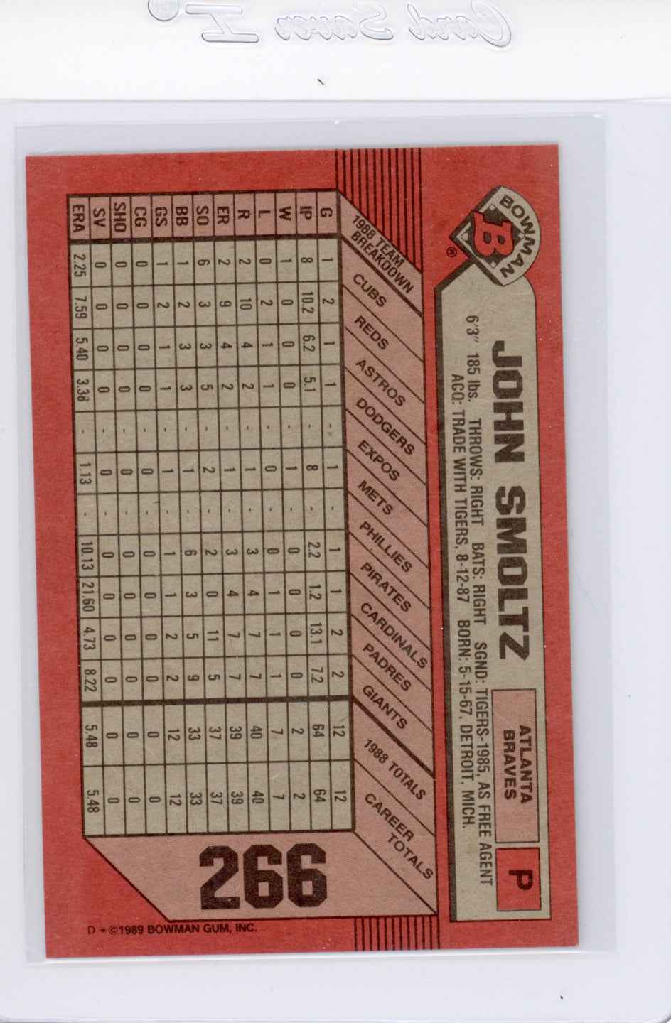 1989 Bowman #266 John Smoltz Rookie (RC) Card