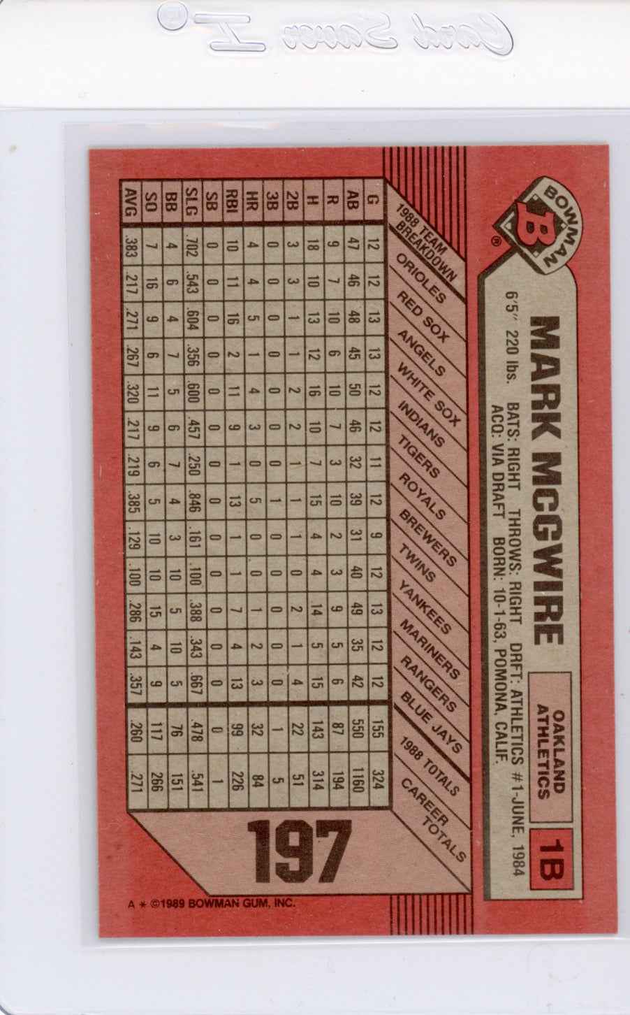 1989 Bowman #197 Mark McGwire Card