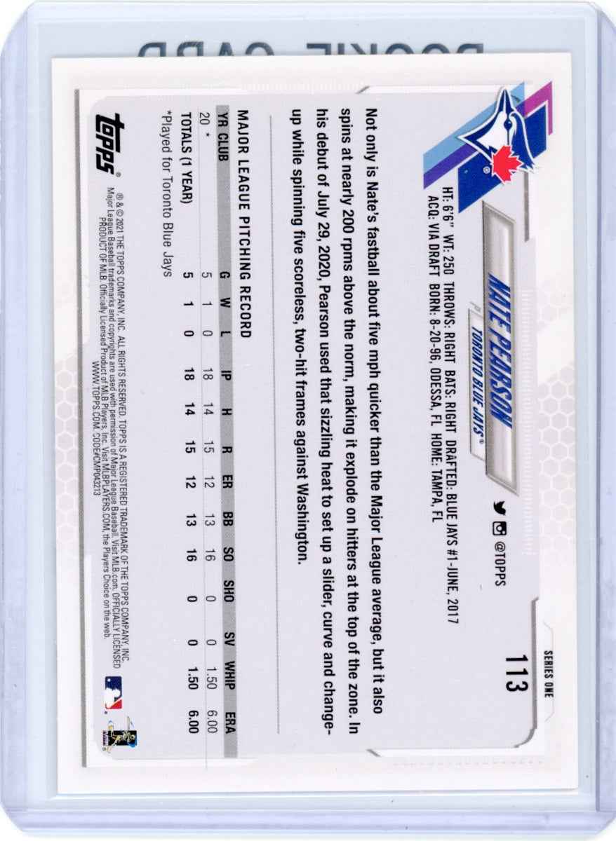 2021 Topps #113 Nate Pearson Rookie (RC) Blue Jays Card