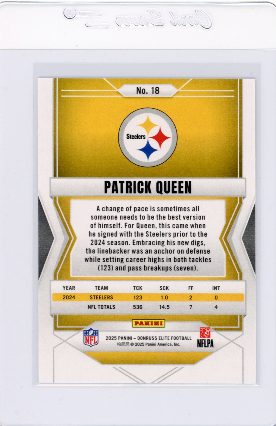 2025 Elite #18 Patrick Queen Pittsburgh Steelers Card