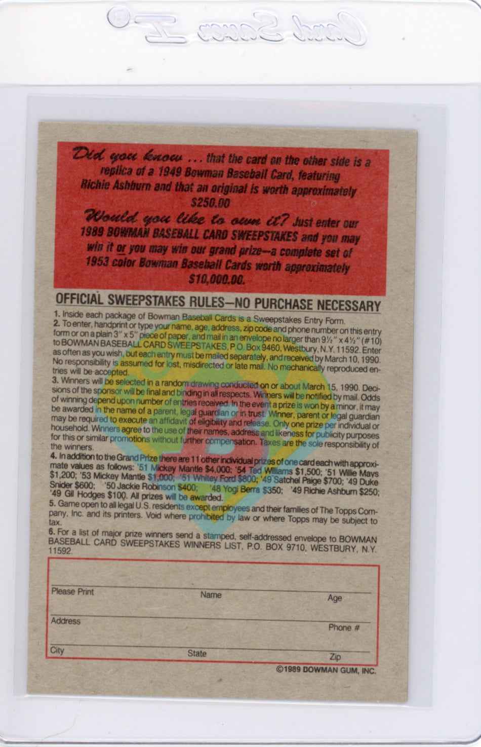 1989 Bowman Insert #1 1949 Richie Ashburn Card