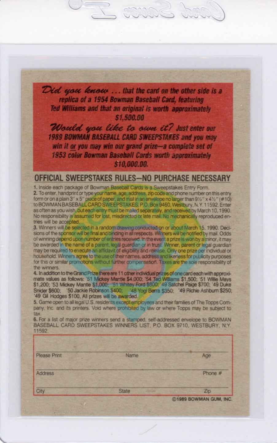 1989 Bowman Insert #11 1954 Ted Williams Card