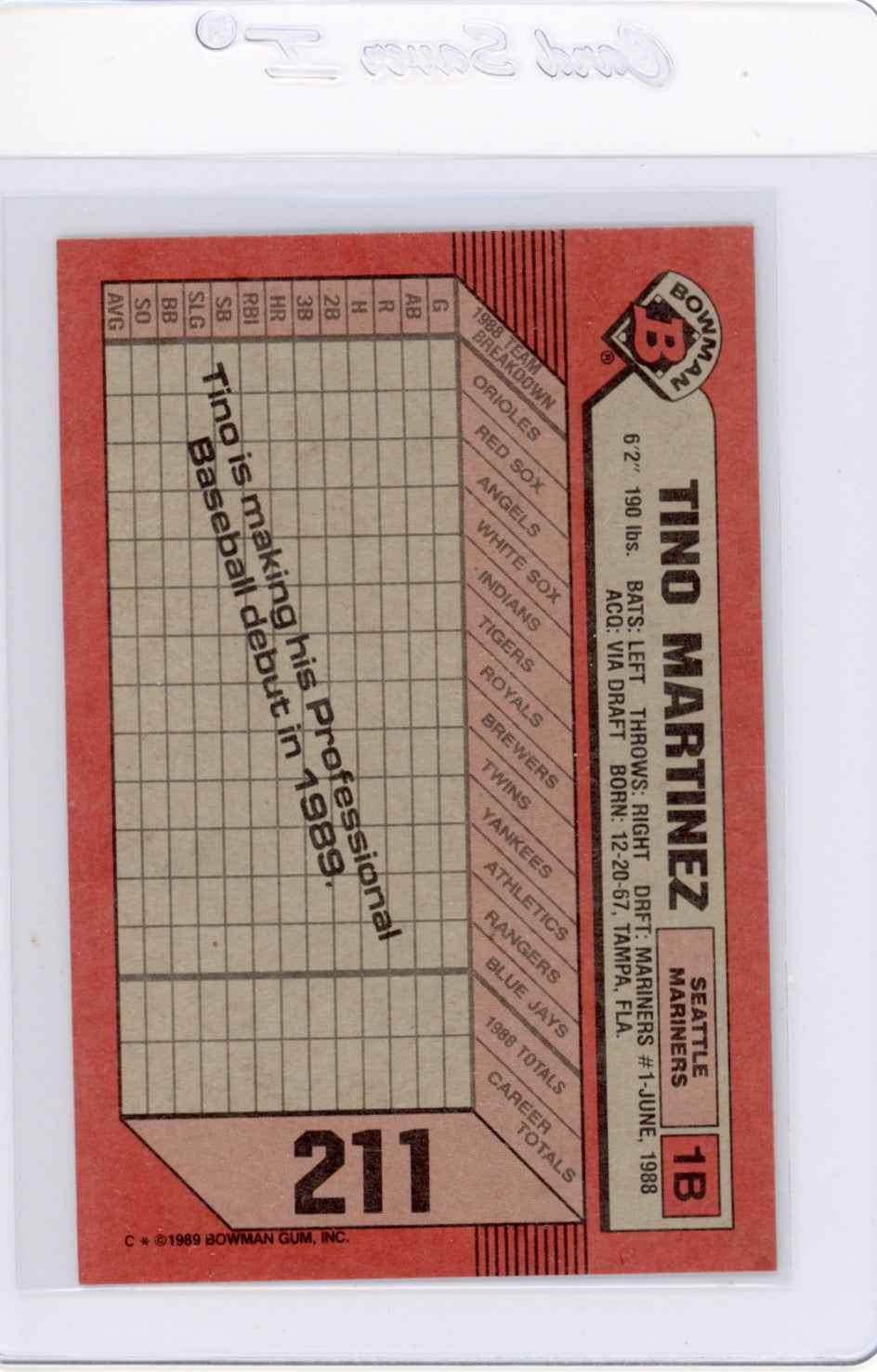 1989 Bowman #211 Tino Martinez Rookie (RC) Card