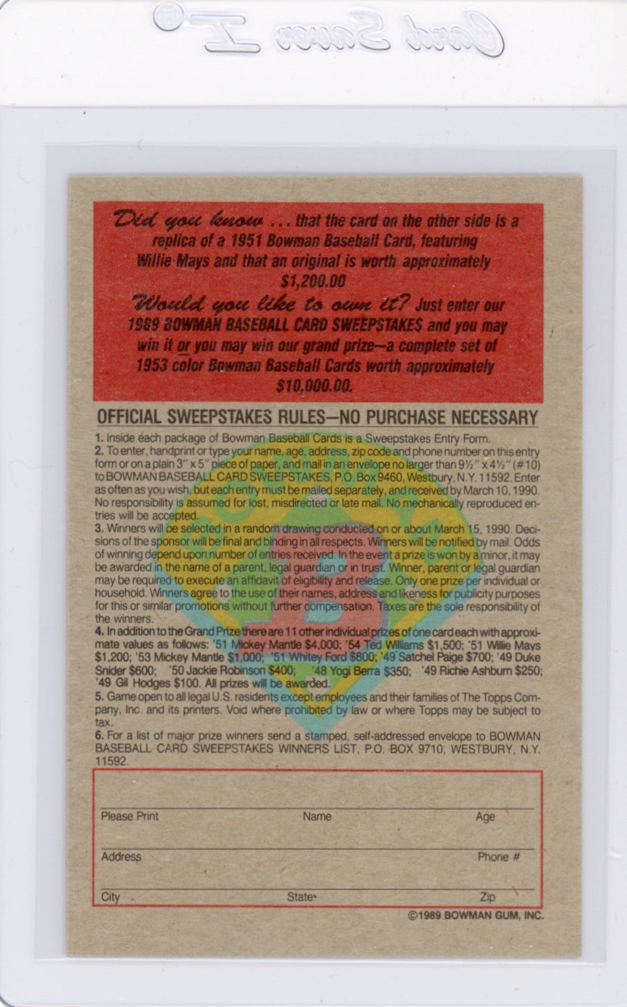 Tarjeta Bowman #426 de Barry Bonds de 1989
