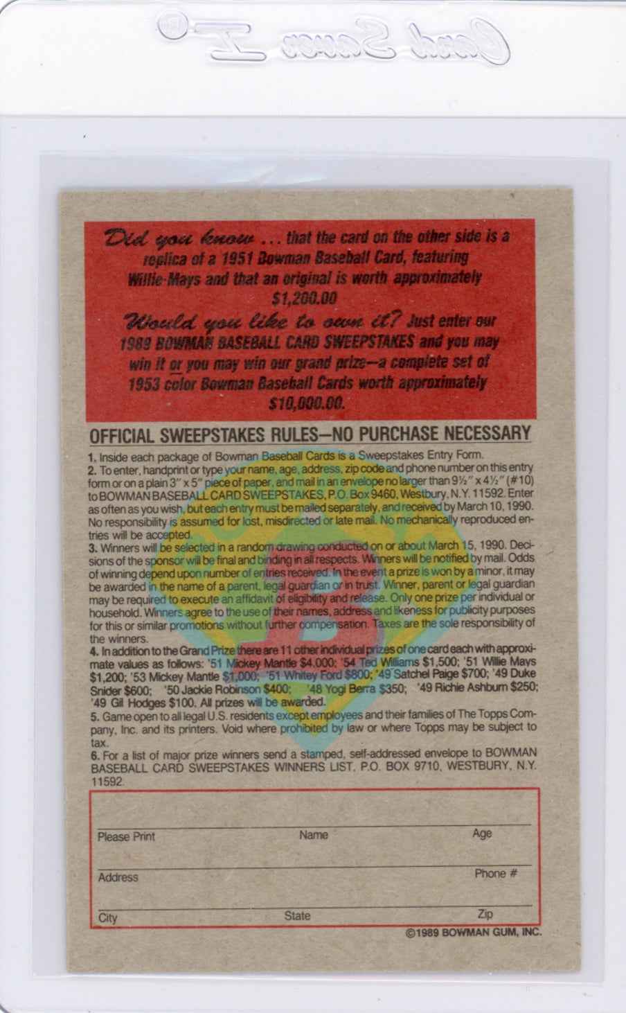 1989 Bowman Insert #7 1951 Willie Mays Card