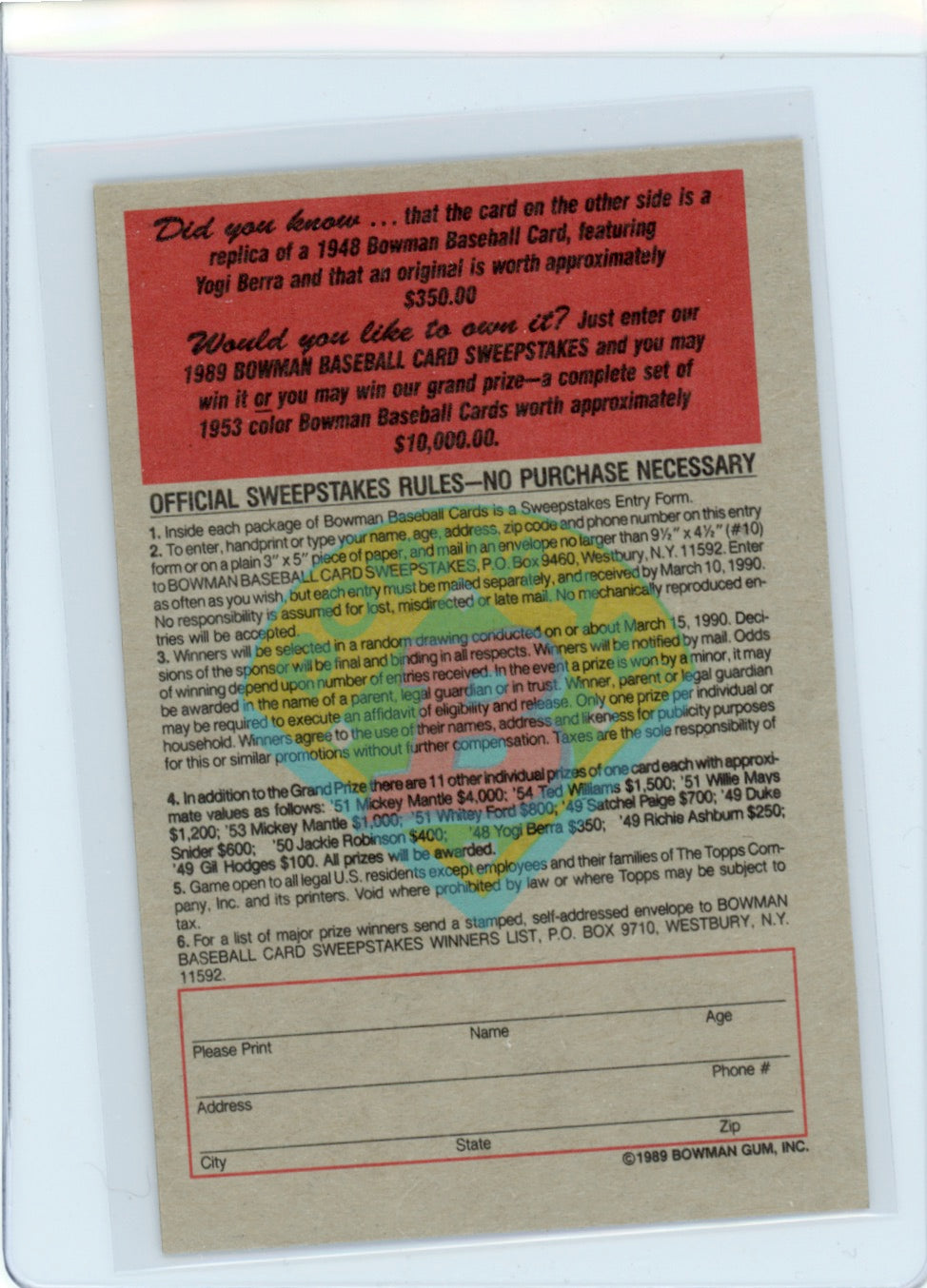 Tarjeta Bowman #426 de Barry Bonds de 1989