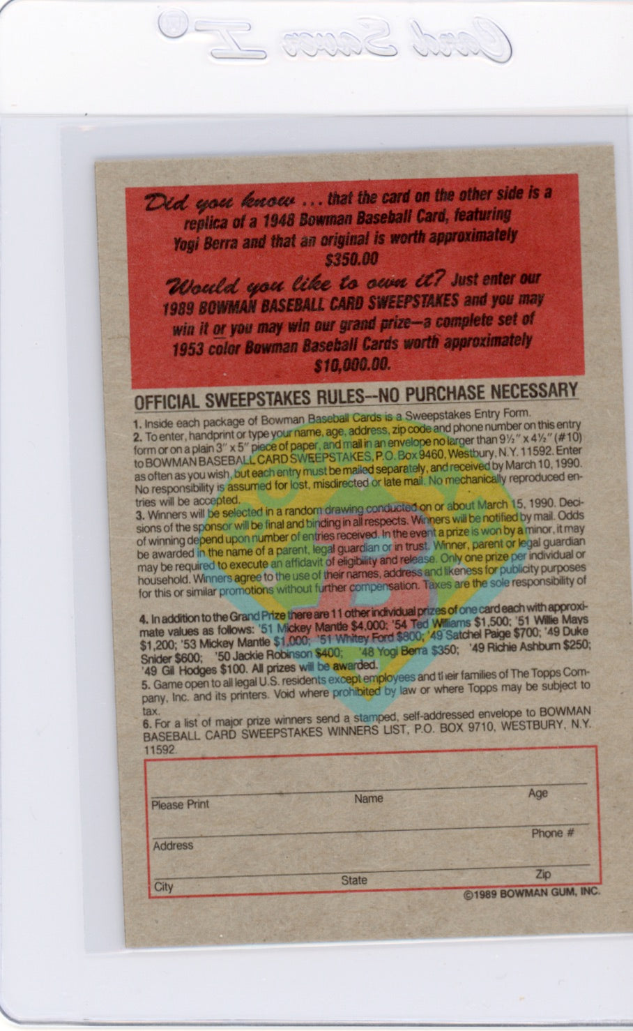Tarjeta Bowman #426 de Barry Bonds de 1989
