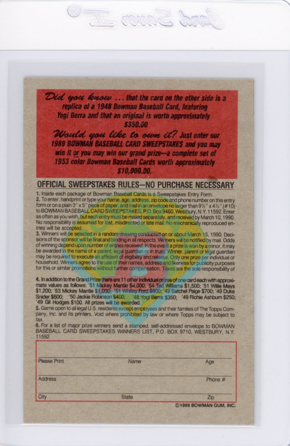 Tarjeta Bowman #426 de Barry Bonds de 1989