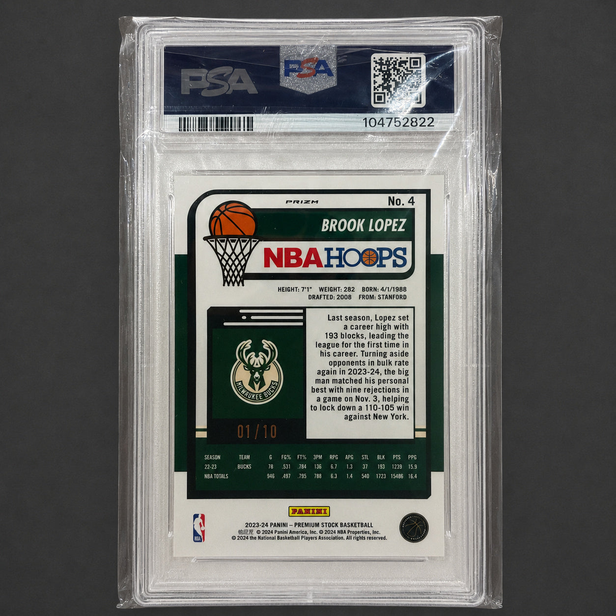 2023-24 Hoops Premium Stock Brook Lopez Gold Prizm 01/10 PSA 10 card back
