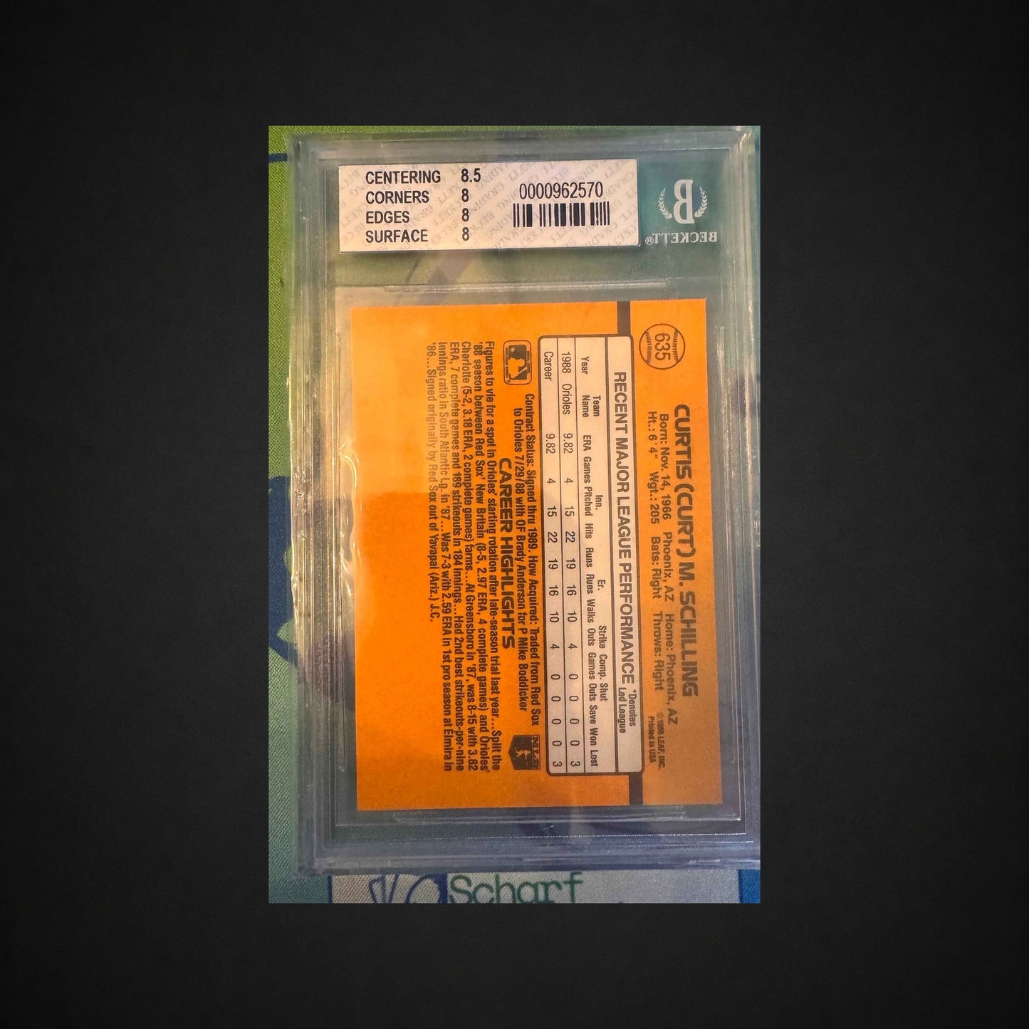 1989 Donruss Curt Schilling BGS 8 card back