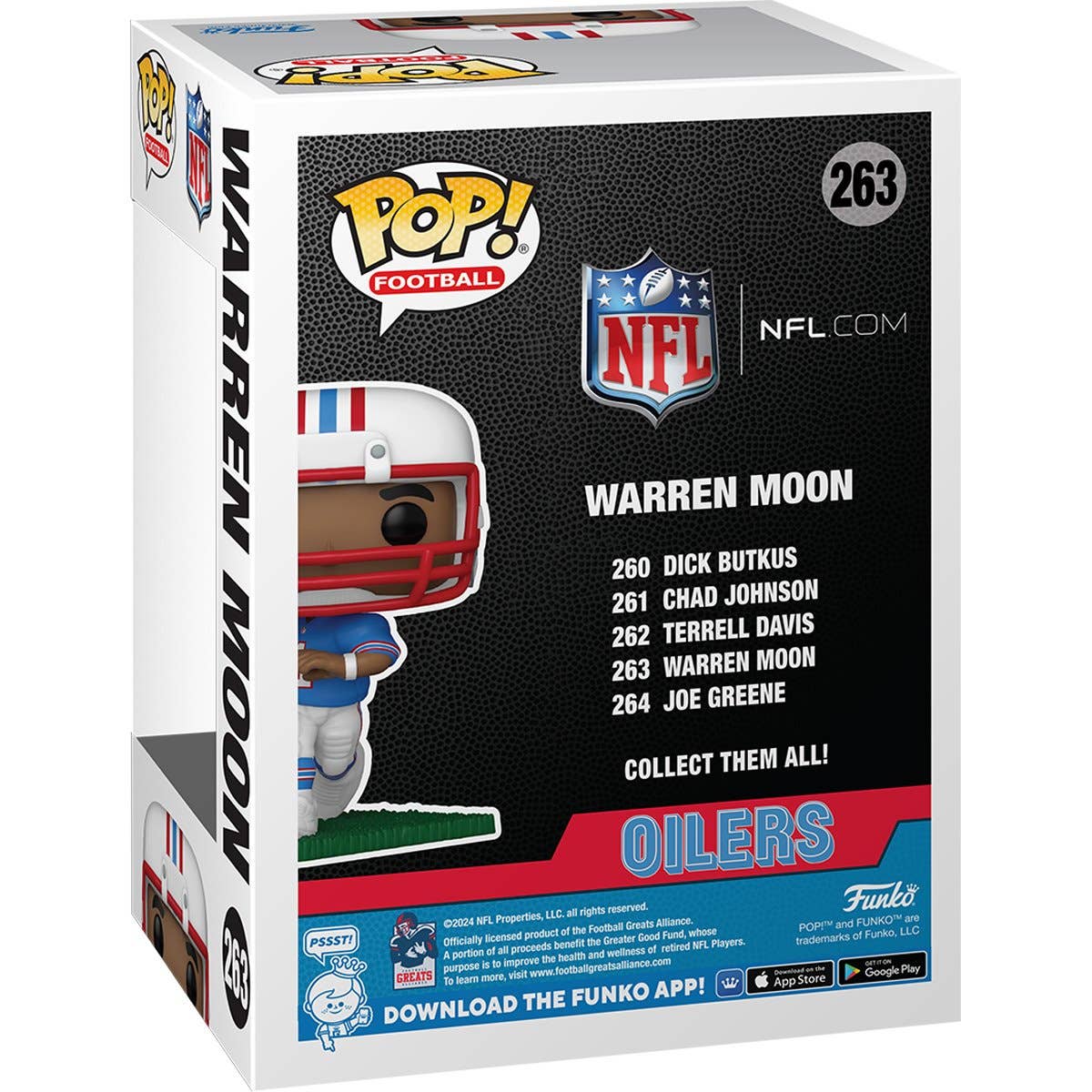 NFL Legends Oilers Warren Moon Funko Pop! Vinyl Figure #263 protected by an UltraPro Semirigid Storage Case