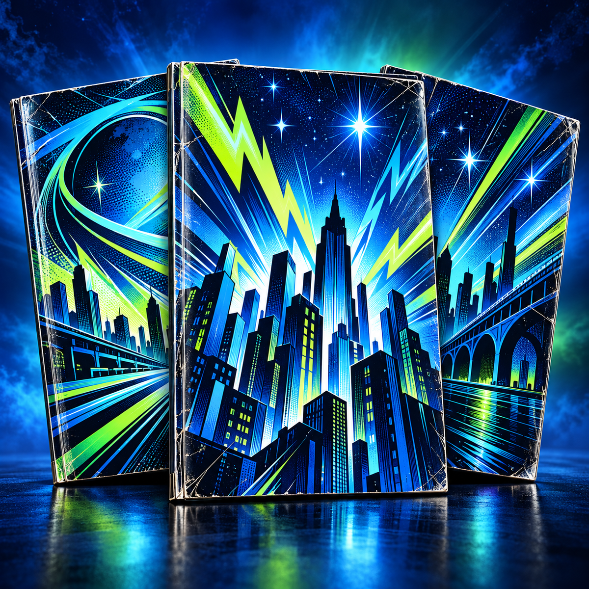 Illustrated comic book covers in blue, cyan, and lime green