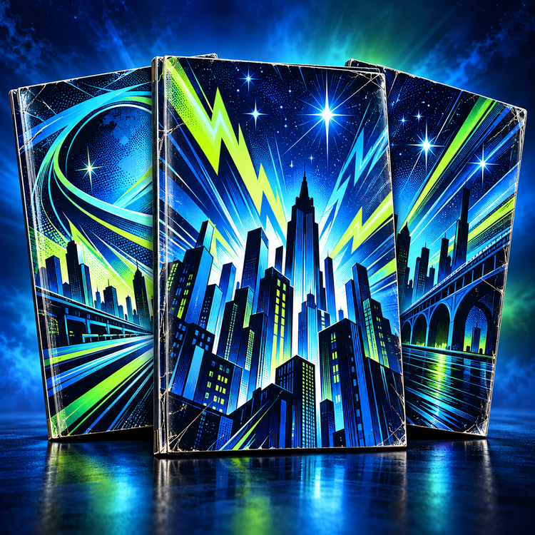 Illustrated comic book covers in blue, cyan, and lime green