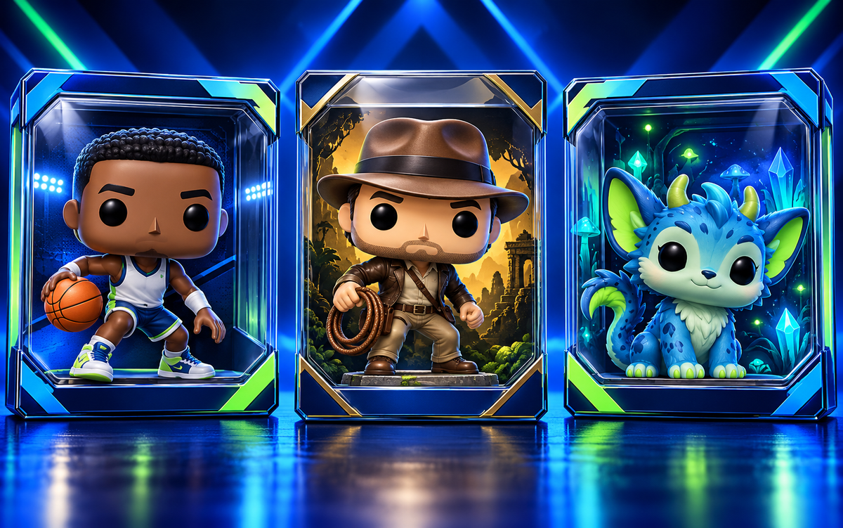 Stylized collectible figures in blue display cases