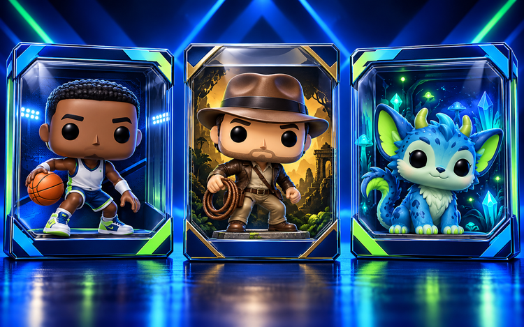 Stylized collectible figures in blue display cases
