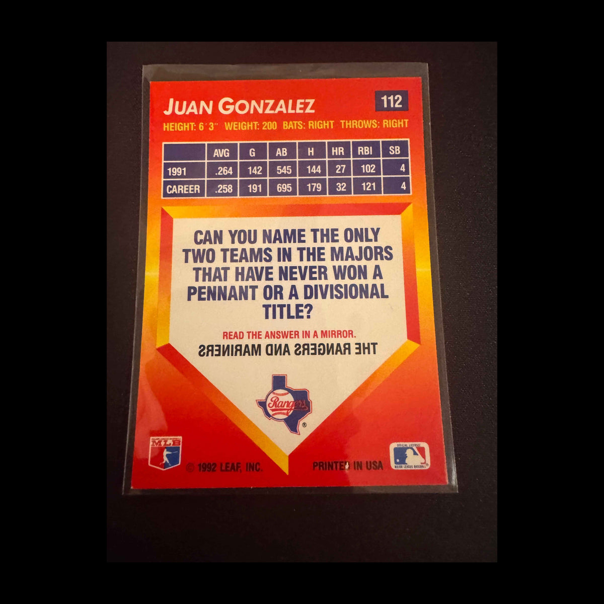 1992 Donruss Triple Play #112 Juan Gonzalez Card - back