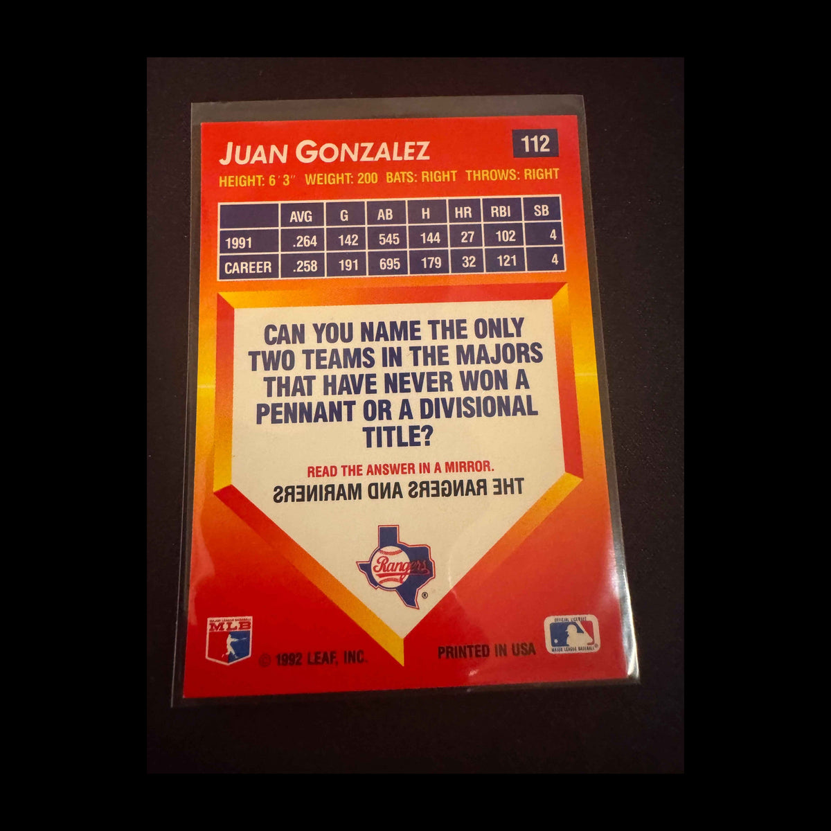 1992 Donruss Triple Play #112 Juan Gonzalez Card - view 6