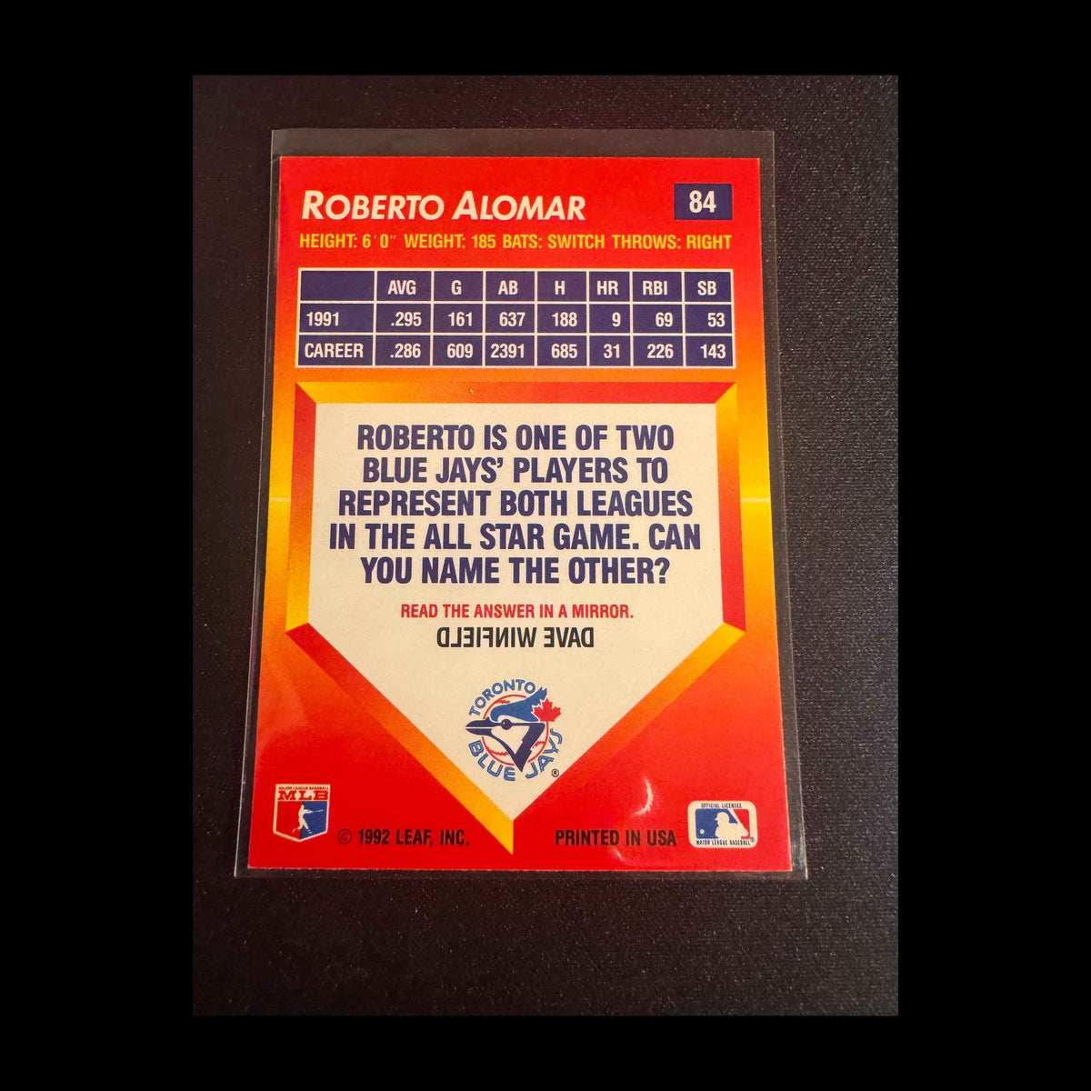 1992 Donruss Triple Play #84 Roberto Alomar Card - back