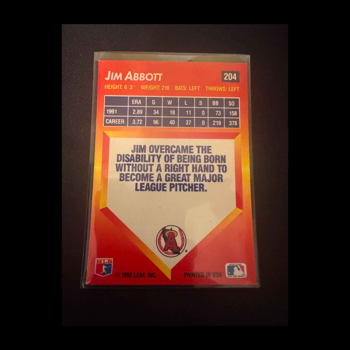 1992 Donruss Triple Play #204 Jim Abbott Card - back