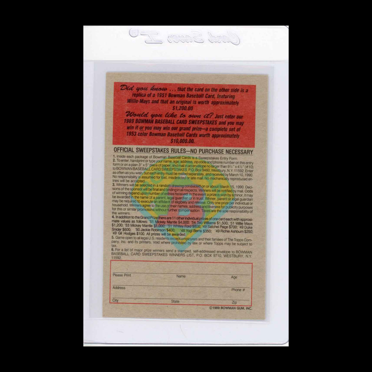 1989 Bowman Insert #7 1951 Willie Mays Card - view 6