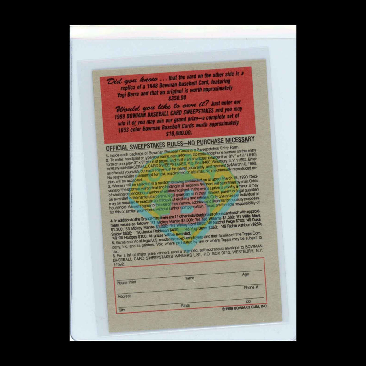 1989 Bowman Insert #2 1949 Yogi Berra Card - view 4
