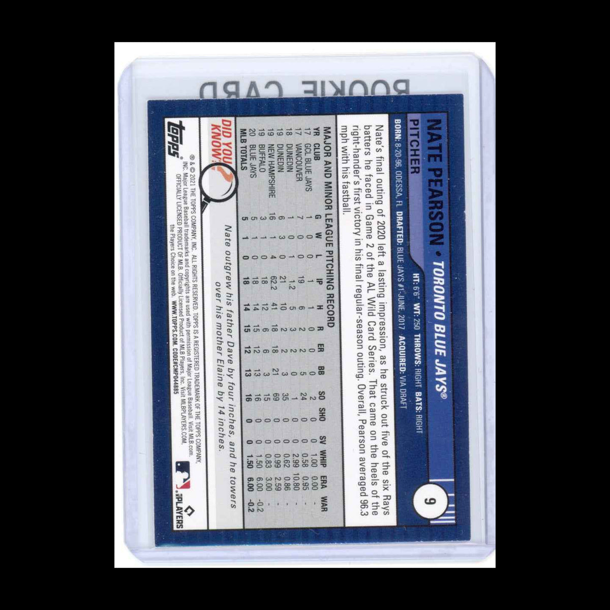 2021 Topps Big League #9 Nate Pearson Rookie (RC) Blue Jays Card - view 4