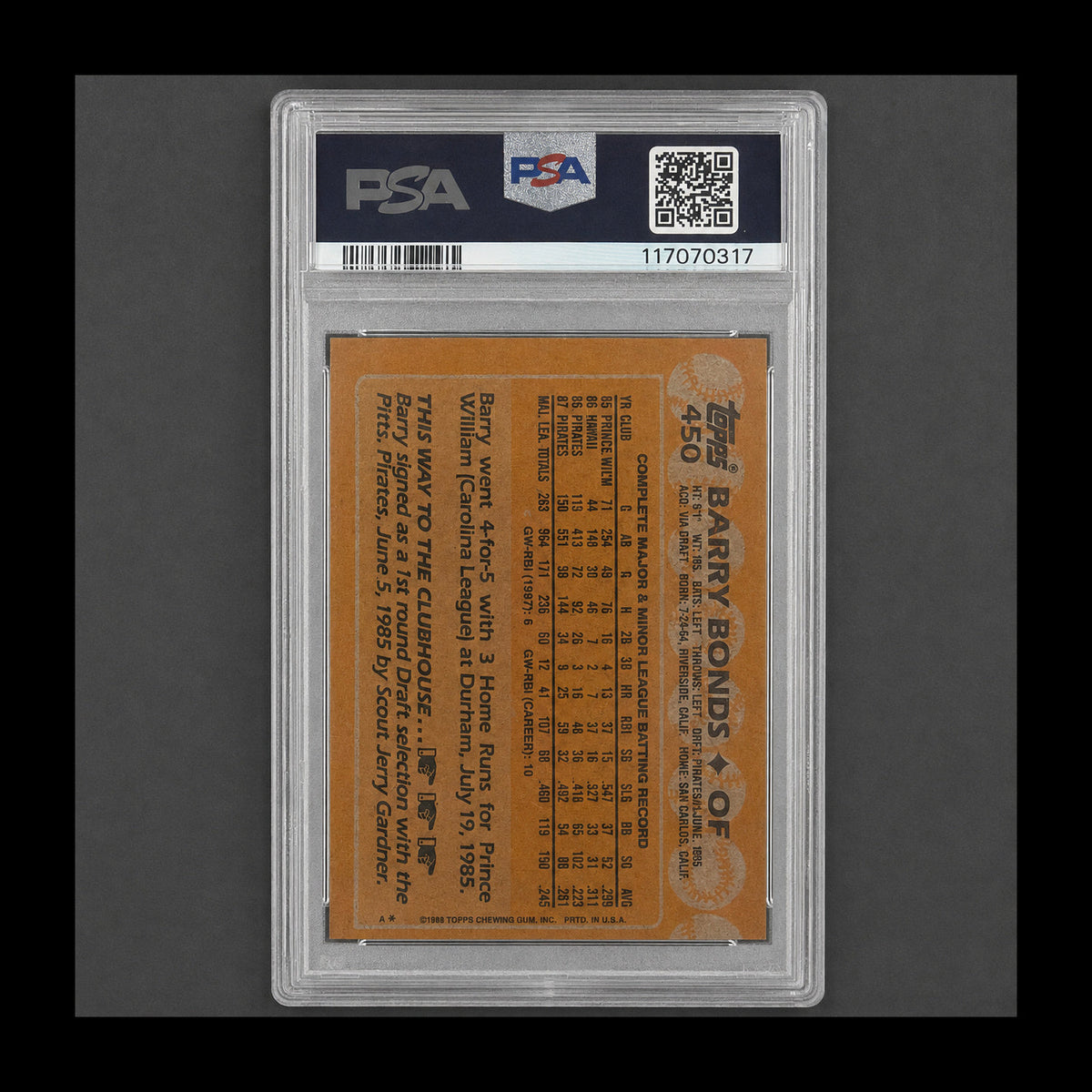 1988 Topps #450 Barry Bonds PSA 8 card back