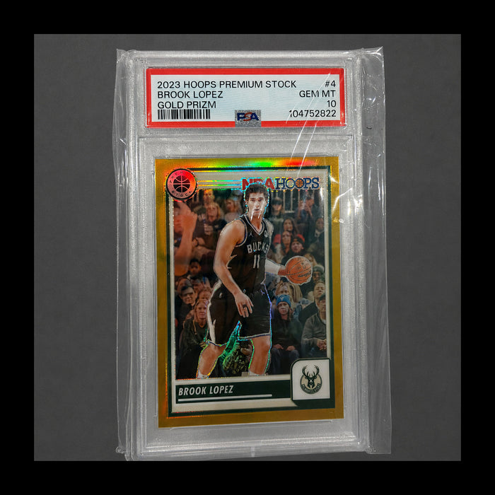 2023 Panini NBA Hoops Premium Stock #4 Brook Lopez PSA 10 01/10 Gold Prizm Milwaukee Bucks Card