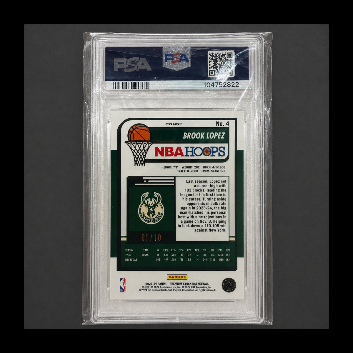 2023-24 Hoops Premium Stock Brook Lopez Gold Prizm 01/10 PSA 10 card back