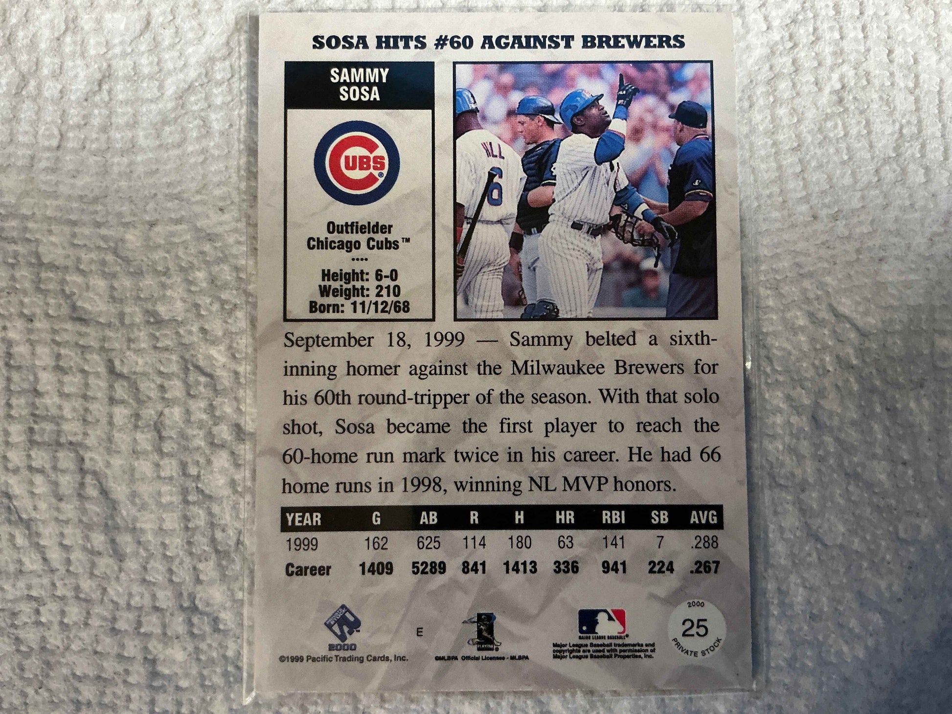 2000 Private Stock #25 Sammy Sosa Card