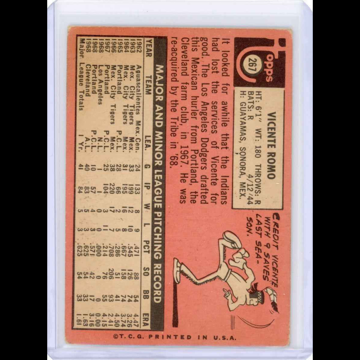 1969 Topps #267 Vicente Romo Rookie (RC) Card - back