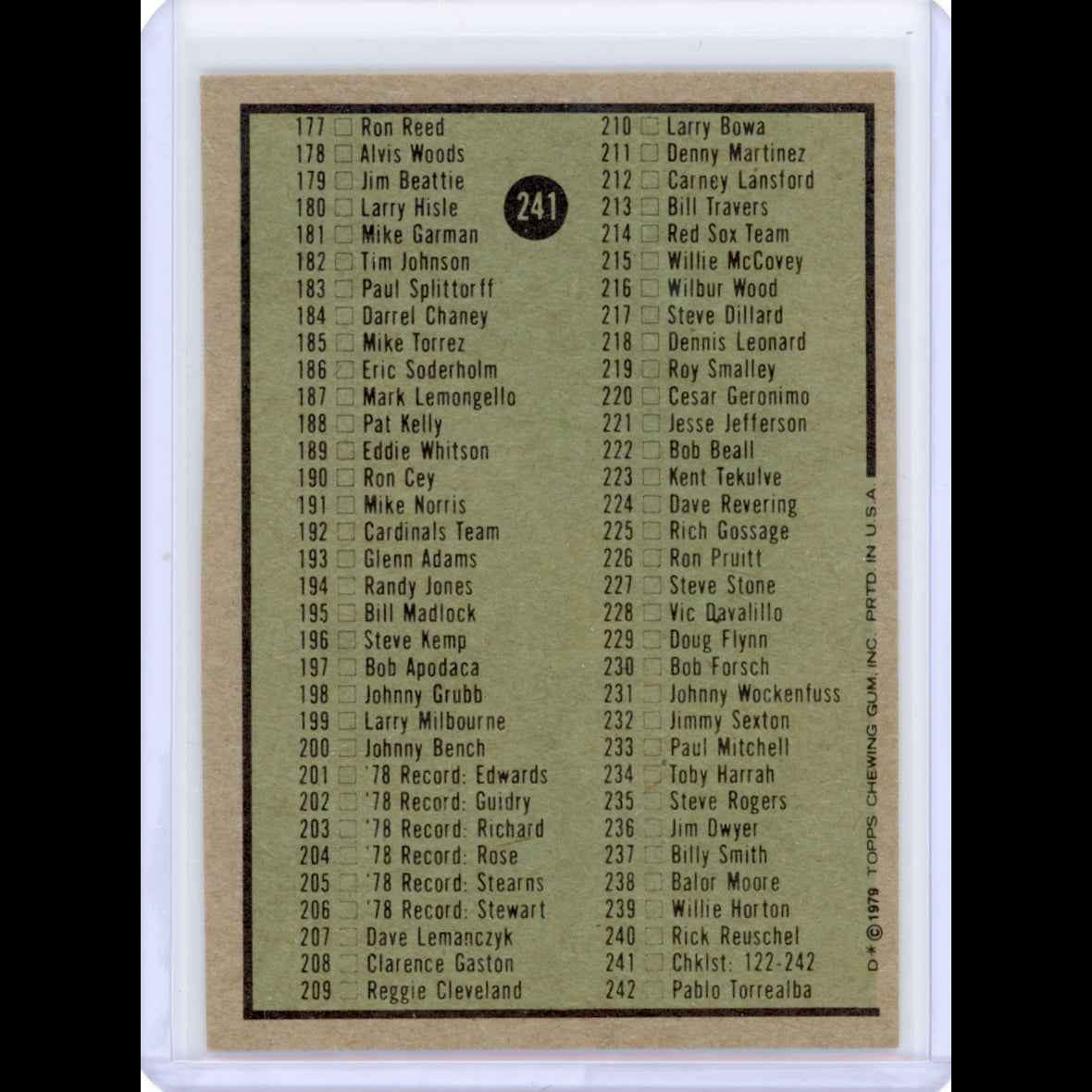 1979 Topps #241 122-242 Checklist Card - back