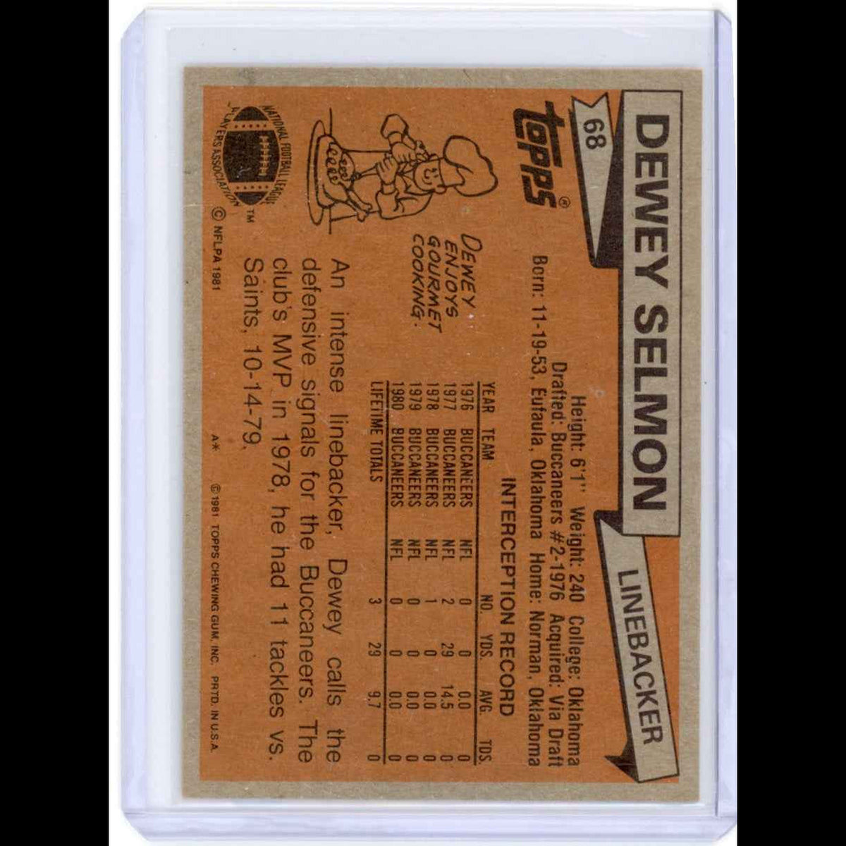 1981 Topps Dewey Selmon #68 Tampa Bay Buccaneers Card - back