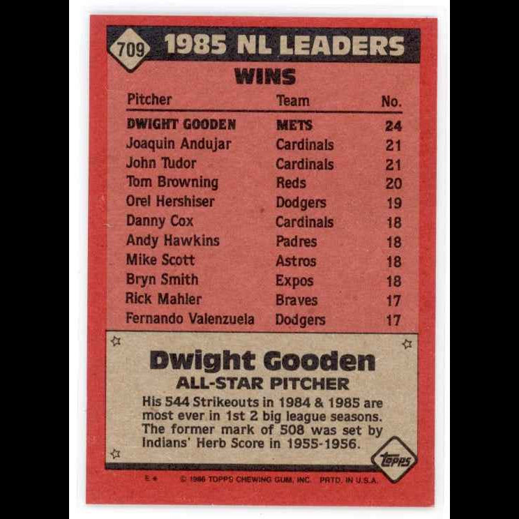1986 Topps #709 Dwight Gooden Card - back