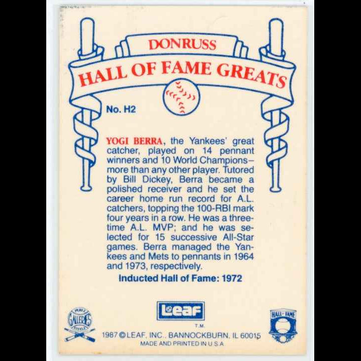 1987 Leaf #H2 Yogi Berra Card - back