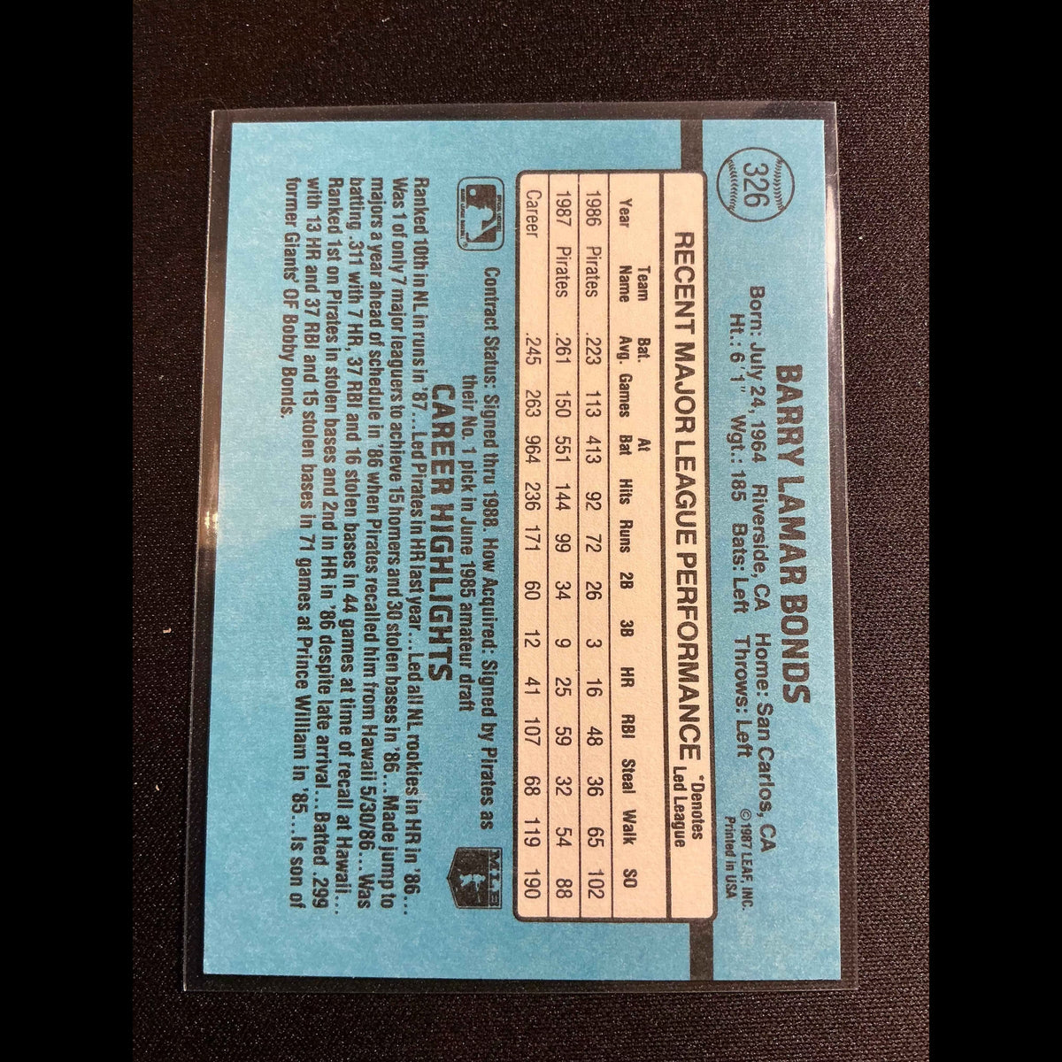 1988 Donruss #326 Barry Bonds Card - back