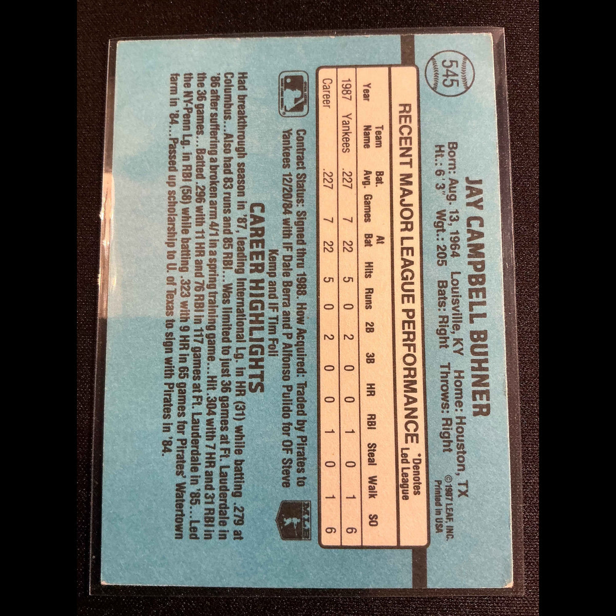 1988 Donruss #545 Jay Buhner Rookie Card - back