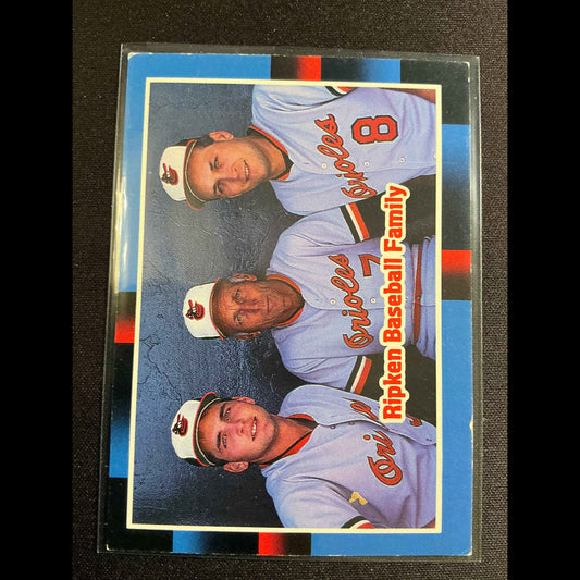 1988 Donruss #625 Ripken Family featuring Billy Ripken, Cal Ripken Sr, and Cal Ripken Jr Card. - front
