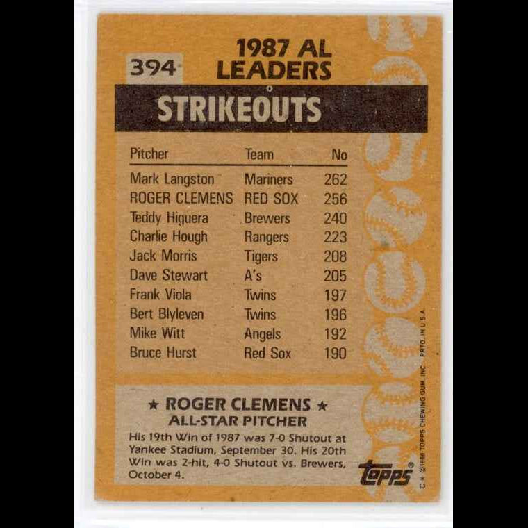 1988 Topps #394 Roger Clemens AS Card - back