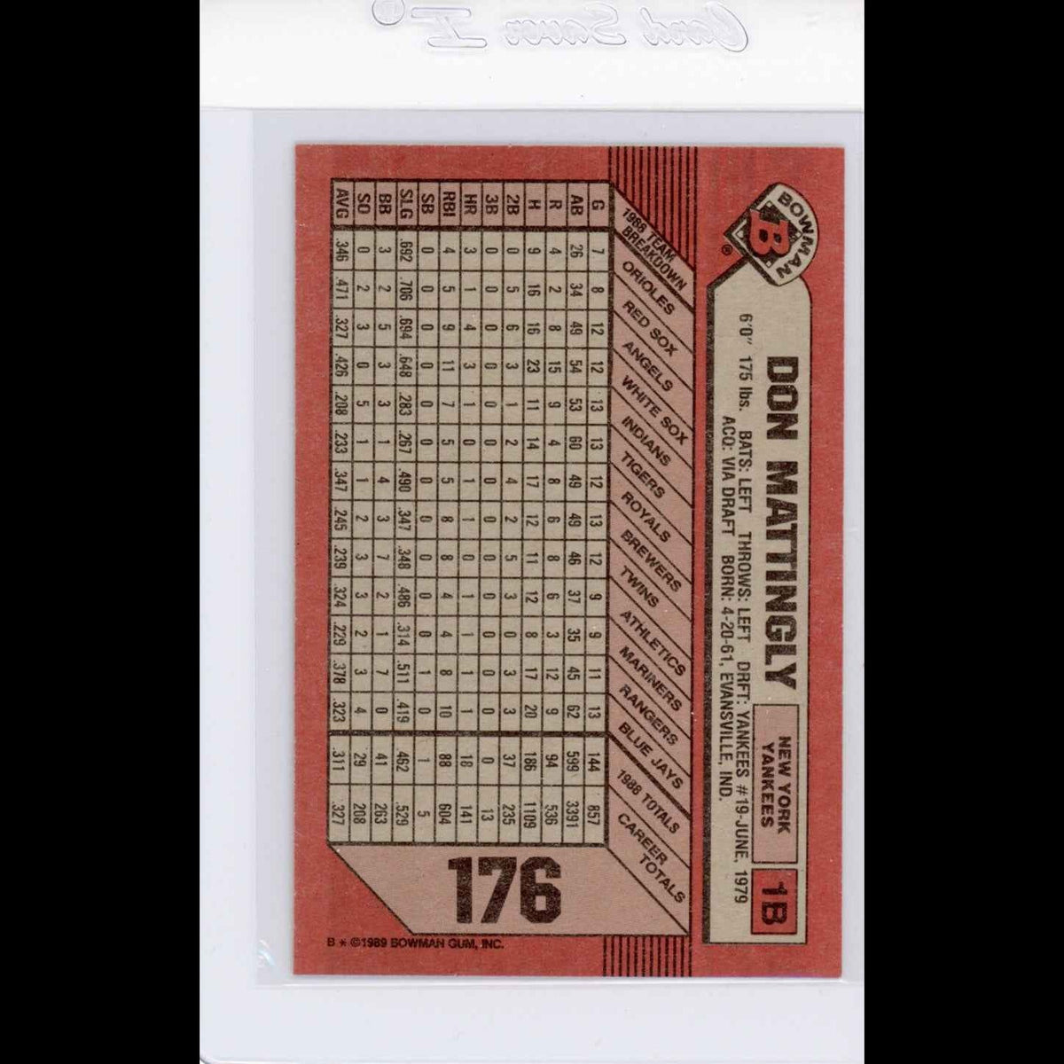 1989 Bowman #176 Don Mattingly Card - view 4