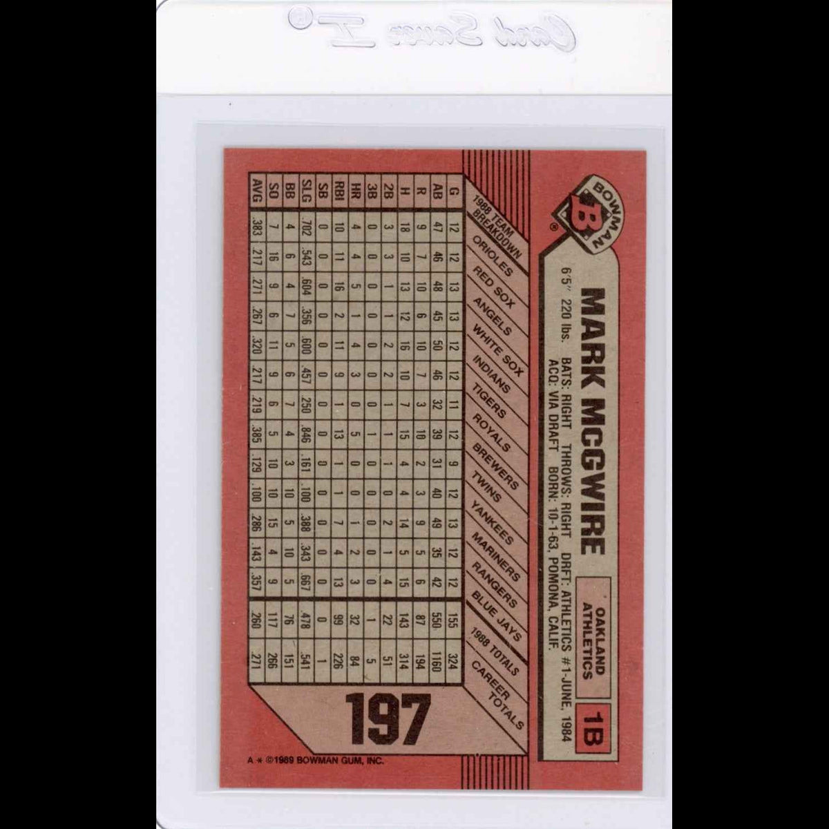 1989 Bowman #197 Mark McGwire Card - back
