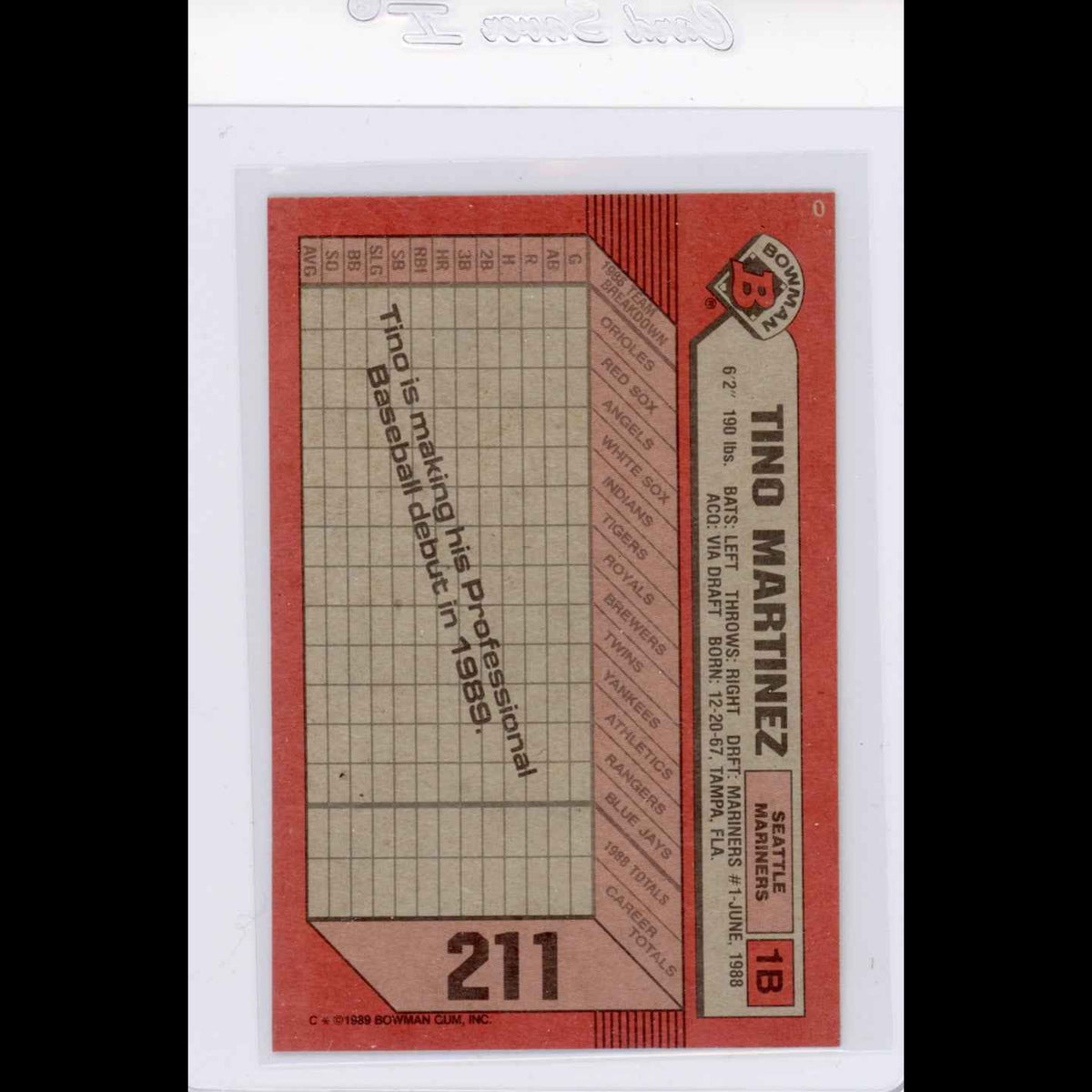 1989 Bowman #211 Tino Martinez Rookie (RC) Card - back