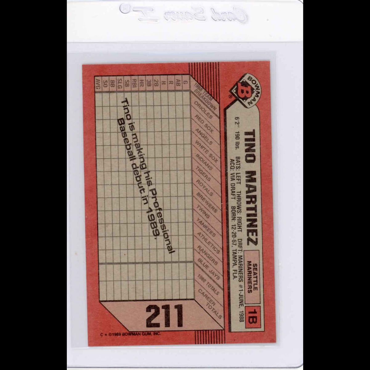 1989 Bowman #211 Tino Martinez Rookie (RC) Card - view 4