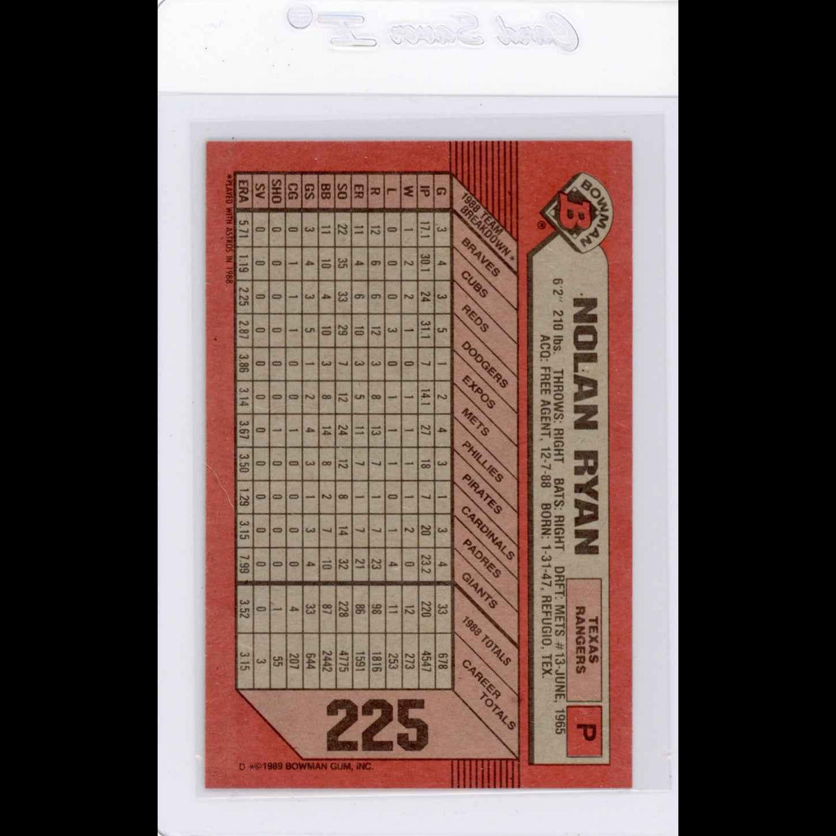 1989 Bowman #225 Nolan Ryan Card - back