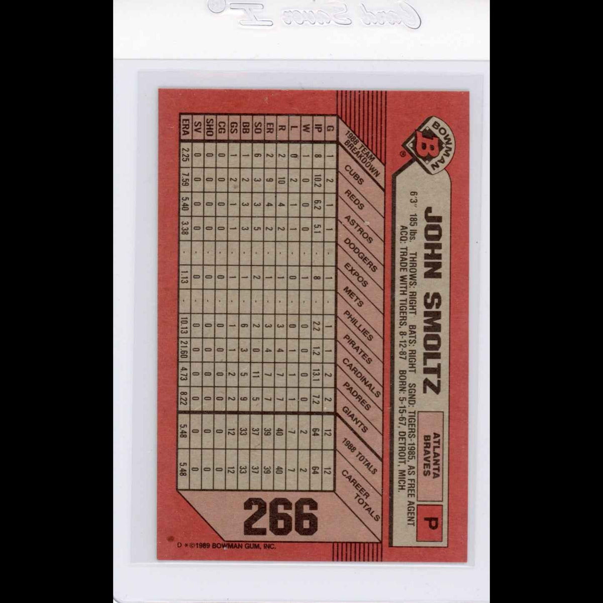 1989 Bowman #266 John Smoltz Rookie (RC) Card - back