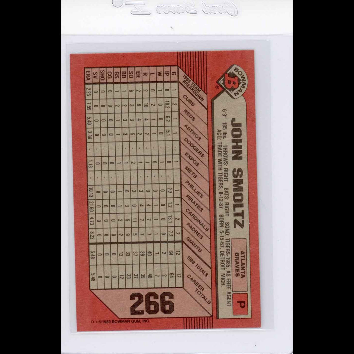 1989 Bowman #266 John Smoltz Rookie (RC) Card - view 4