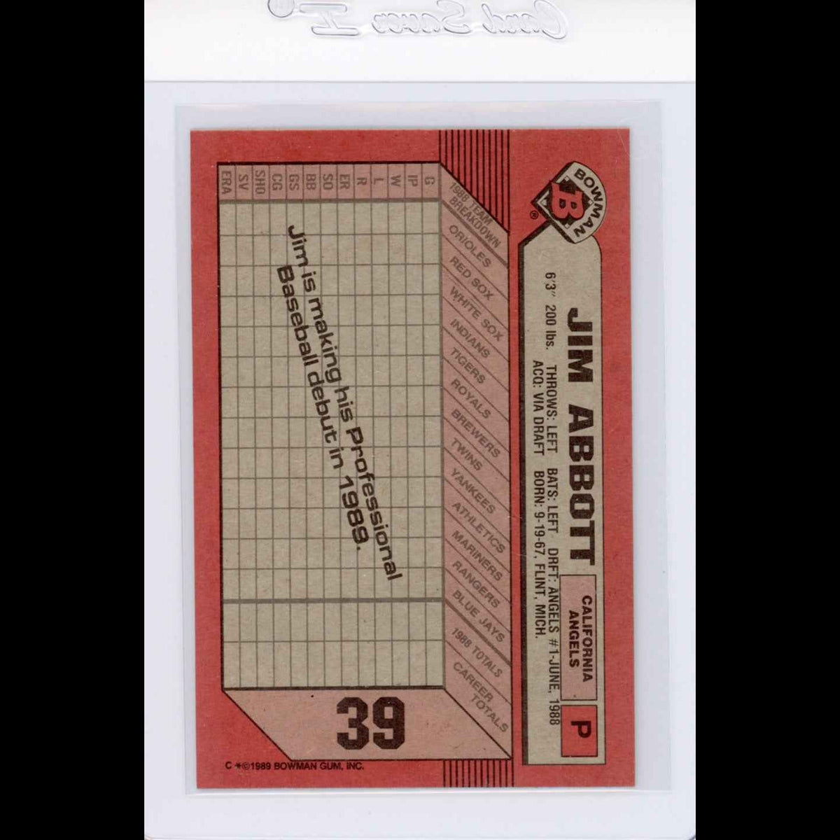1989 Bowman #39 Jim Abbott Rookie (RC) Card - back