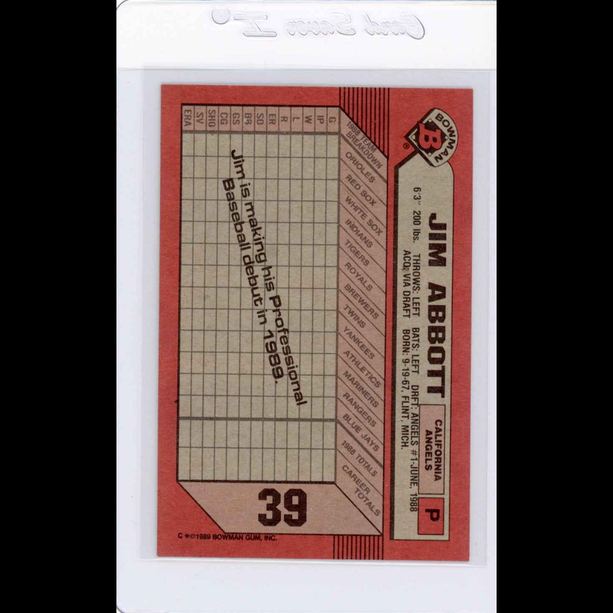 1989 Bowman #39 Jim Abbott Rookie (RC) Card - view 4
