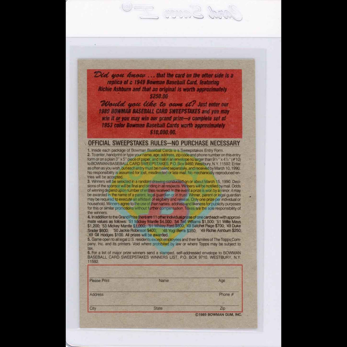 1989 Bowman Insert #1 1949 Richie Ashburn Card - back